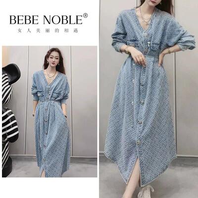 BEBE NOBLE牛仔连衣裙女士秋季小众设计感宽松提花单排扣a字长裙