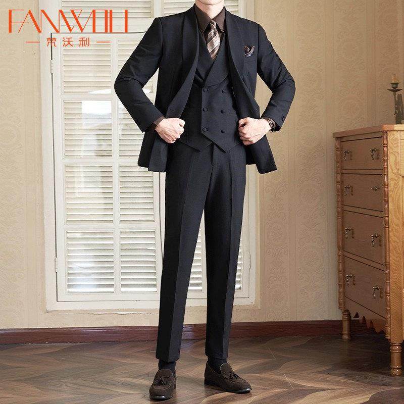 梵沃利轻奢英伦青果领西装男套装秋冬款修身商务正装新郎结婚礼服