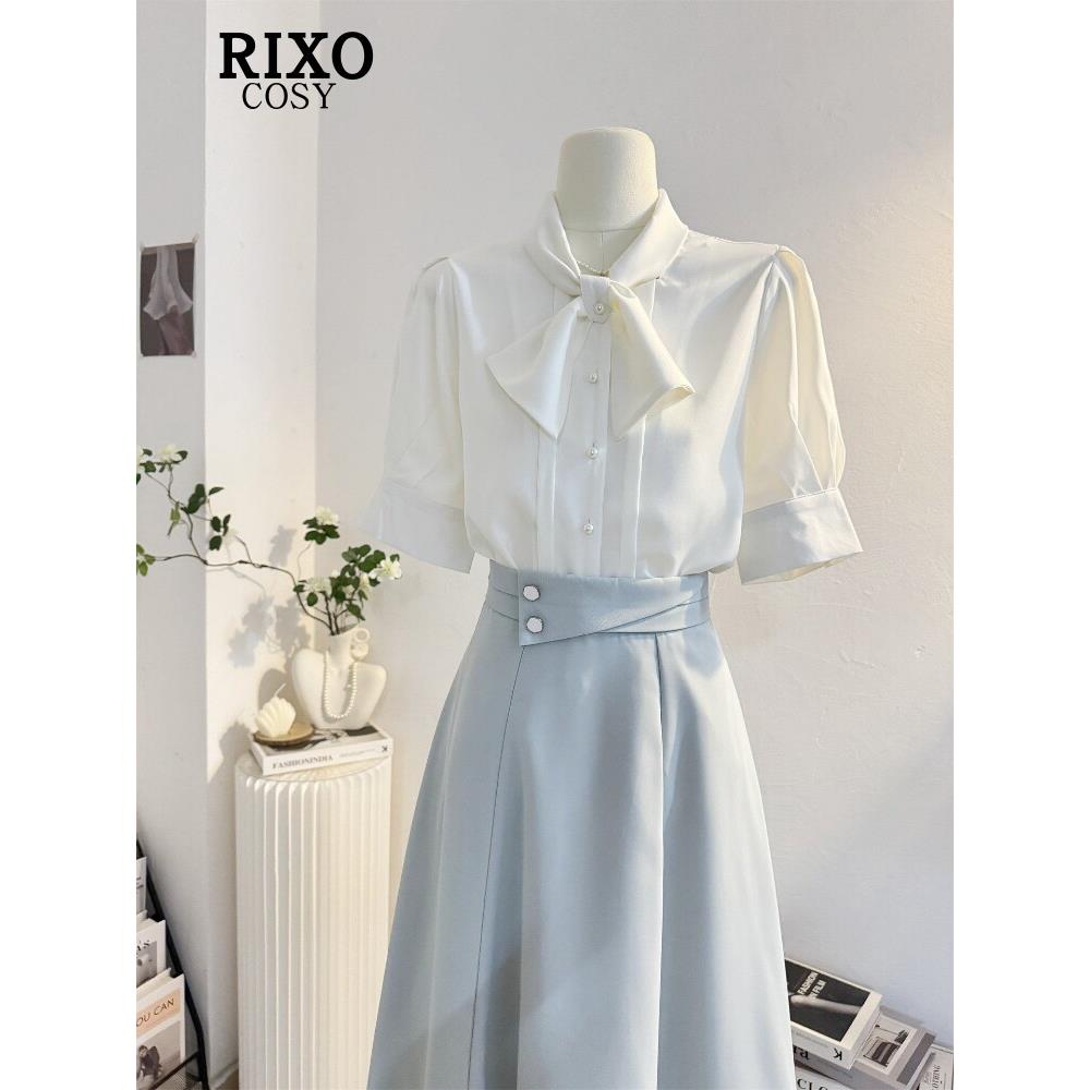 RIXO COSY法式蝴蝶结缎面短袖衬衫女夏垂感气质通勤衬衣职业上衣
