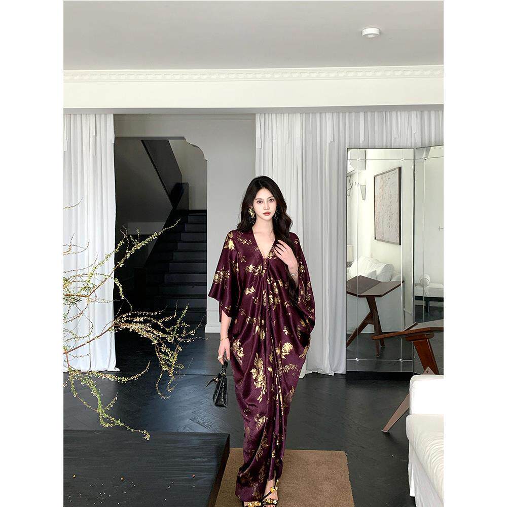 【浮紫】紫色烫金v领连衣裙女2025秋季新款设计感气质优雅长裙子