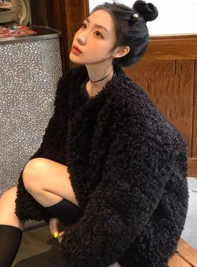 LILY MOST黑色小香风羊羔毛卷毛毛外套女冬季新款感加厚短款大衣