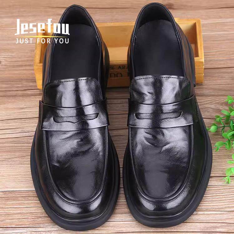 Jesefou法国高端皮鞋男圆头真皮商务皮鞋男宽头厚底休闲大头皮鞋