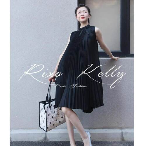 RIXO STREET法式风琴百褶小黑裙宽松弹力三宅褶皱无袖背心连衣裙