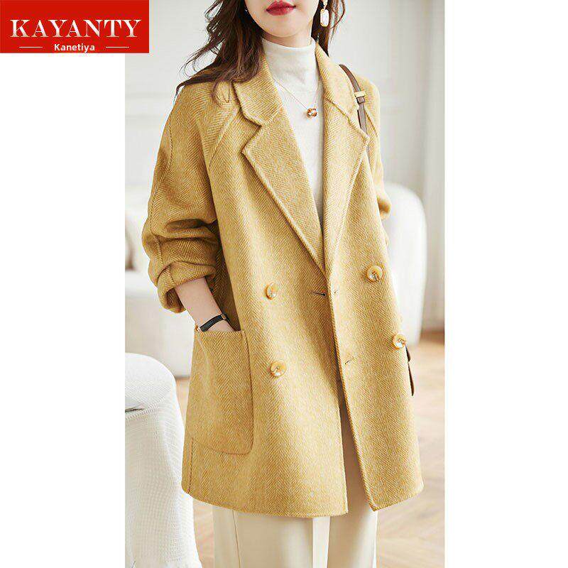 KAYANTY双面羊毛大衣女新品秋冬高级质感高端零羊绒外套人字纹