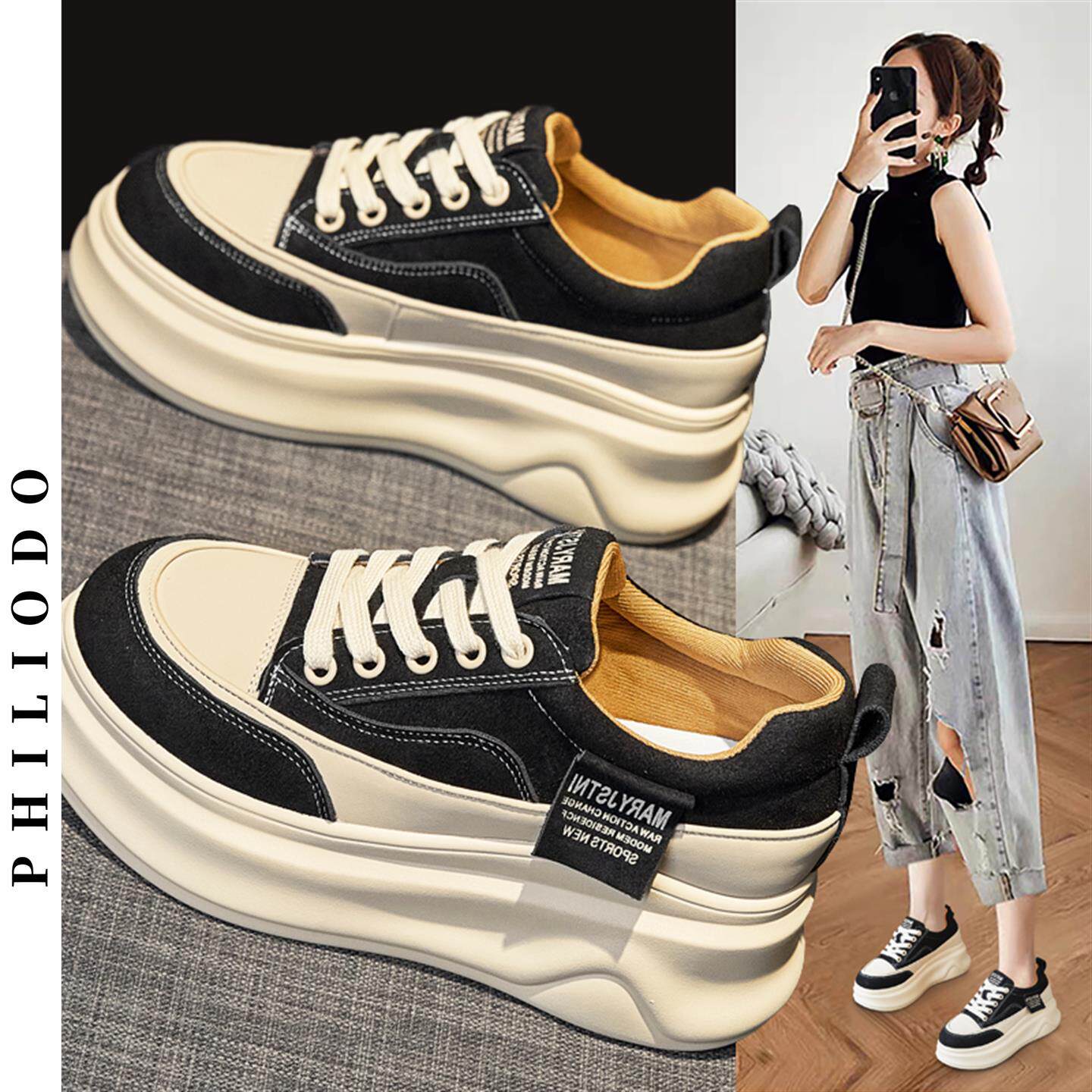 PHILIODO厚底运动休闲板鞋2025秋季新款百搭女鞋内增高松糕小白鞋