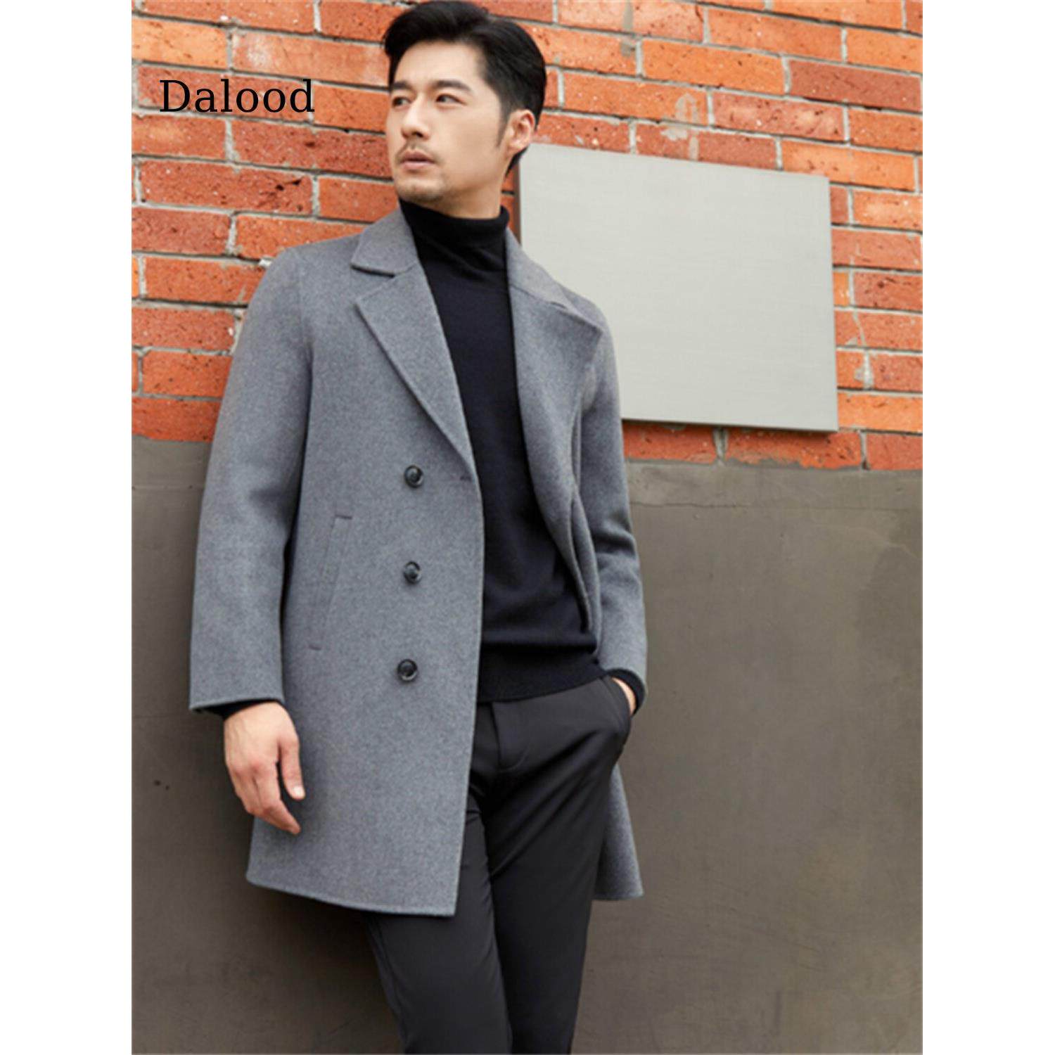 冬季男装双面呢风衣纯羊毛呢子外套韩版修身双排扣中长款羊绒大衣