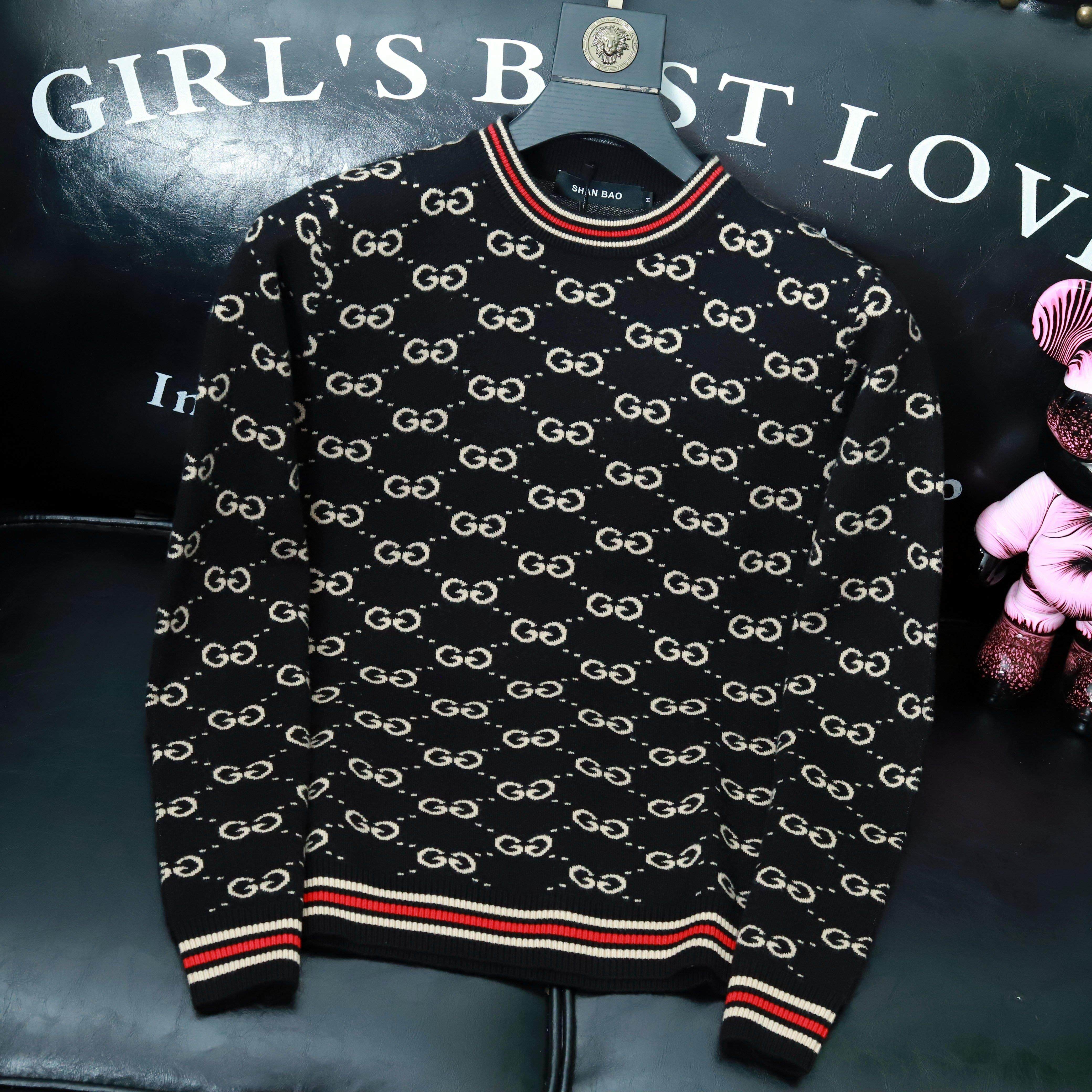 BellerLee 欧洲站男士圆领毛衣字母提花加厚长袖针织衫套头大码