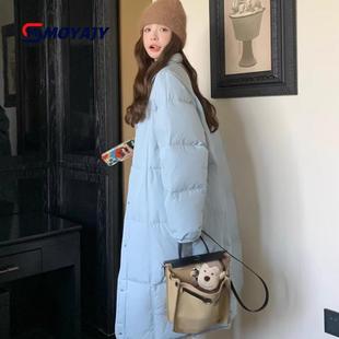 韩系通勤羽绒服 BABY蓝中长款POLO领直筒羽绒服 加厚白鸭绒外套