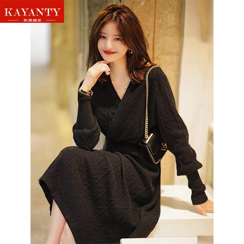KAYANTY2025年新款黑色针织连衣裙女秋冬大衣打底裙中长款毛衣裙