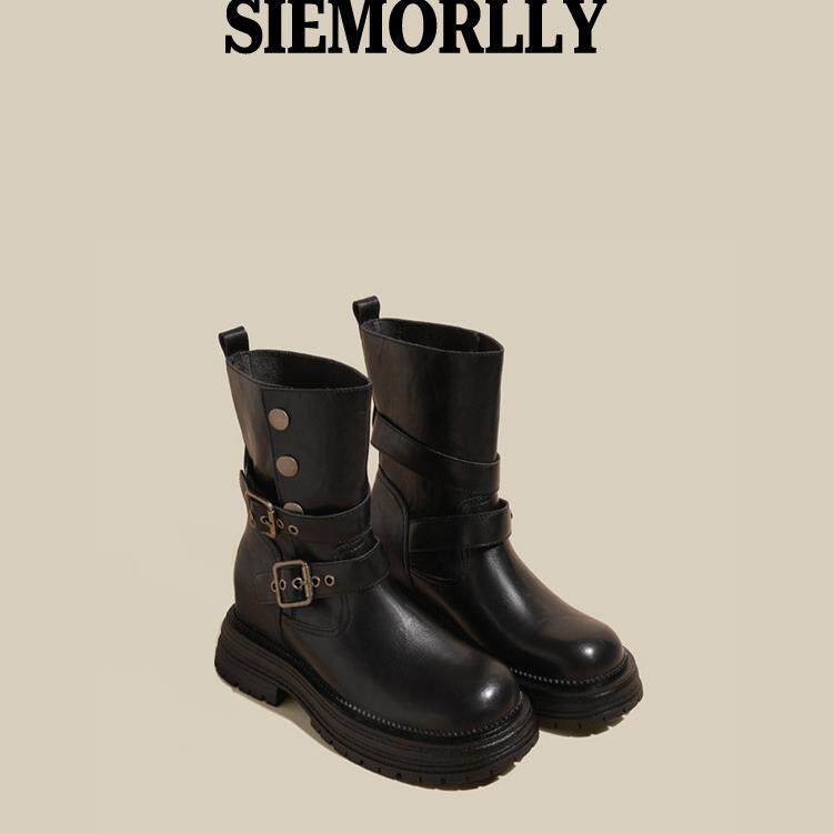 西木林8cm内增高骑士靴女2025秋季新款覆古风马丁靴短靴中筒靴潮8