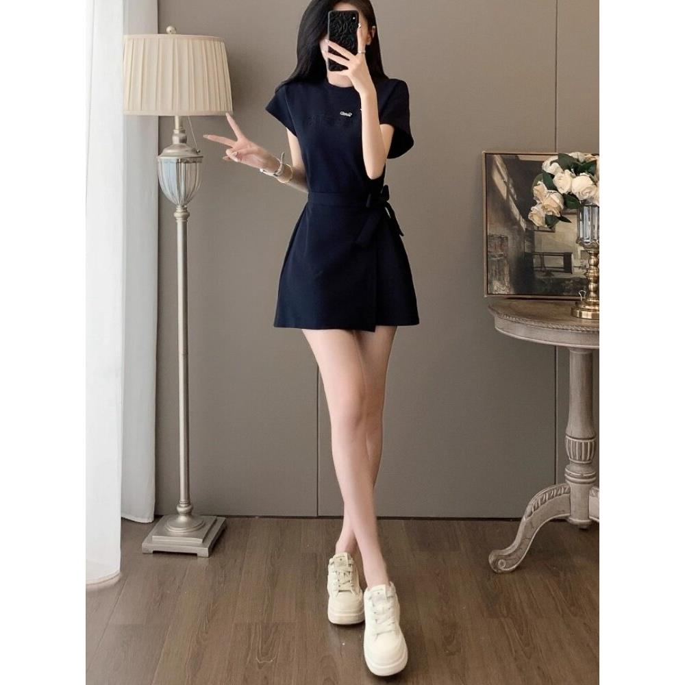 SUPDORX~夏季短袖系带掐腰连衣裙小众不撞款修身显瘦高级感小黑裙