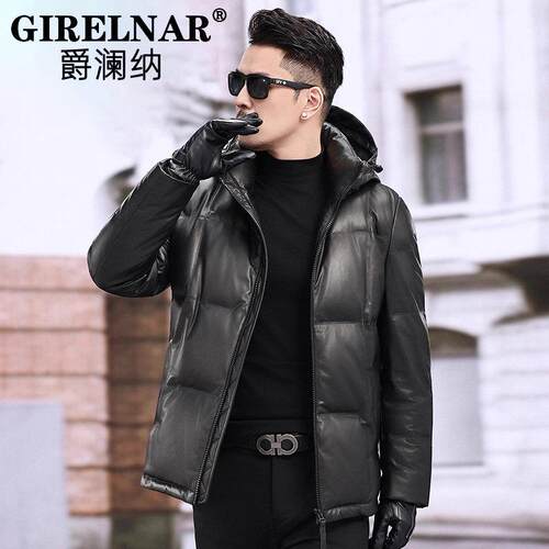 爵澜纳真皮中长款羽绒服男头层牛皮可脱卸连帽加厚保暖皮衣外套男