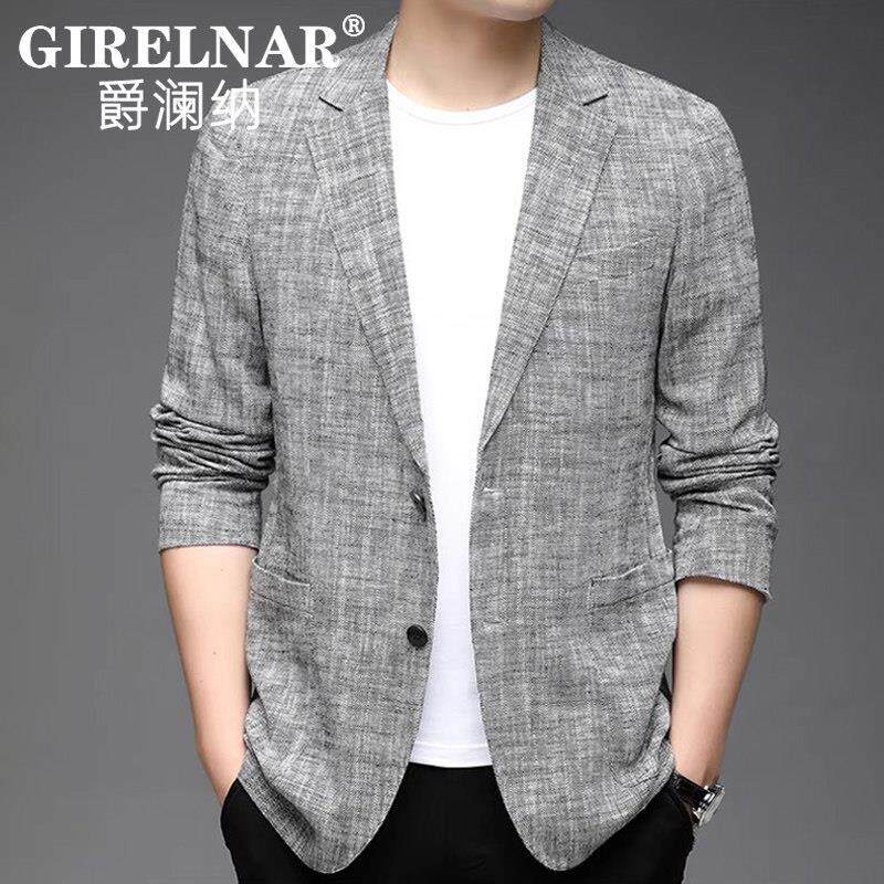 爵澜纳棉麻小西装男士休闲西服男装秋季国潮亚麻单西中年便服外套