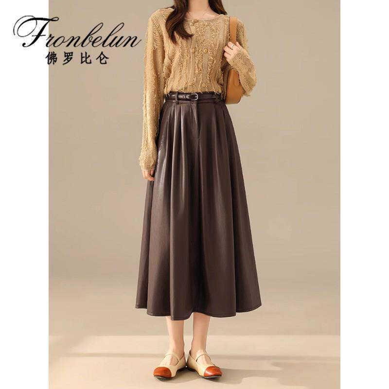 时尚高腰皮裙半身裙女2025秋冬新款宽松显瘦松紧腰中长款a字伞裙