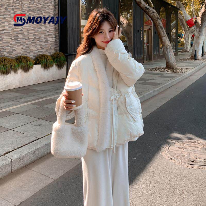 MOYAJY品牌新中式提花短款羽绒服女冬季新款毛毛拼接保暖厚外套