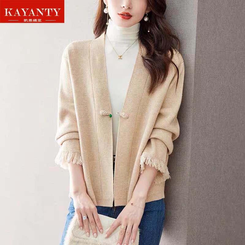 KAYANTY短款外套2025新款新中式女装秋冬流苏上衣秋季国风v领开衫