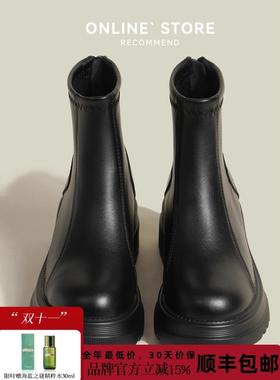 STXT马丁靴女2025秋季新款内增高9公分覆古英伦风厚底真皮短靴