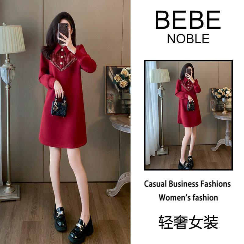 BEBE NOBLE高级感法式红色连衣裙女2025冬季新款小个子气质中长裙