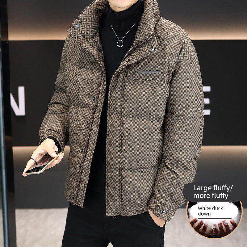 羽绒服男2025冬季新款格子立领短款白鸭绒宽松加厚保暖防寒外套