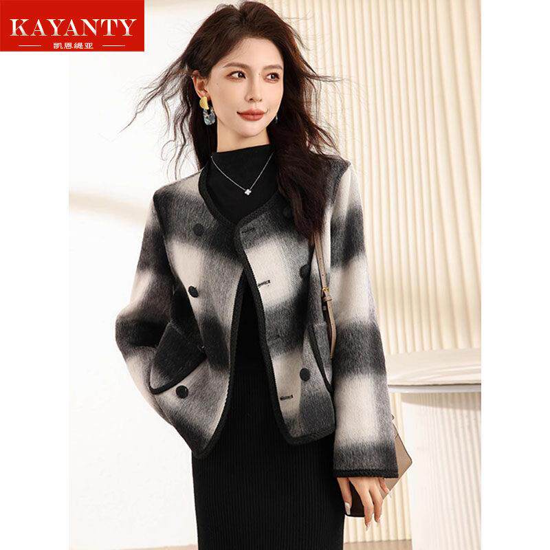 KAYANTY黑白格双面羊绒毛呢大衣秋冬新款高级轻奢小香风短款外套