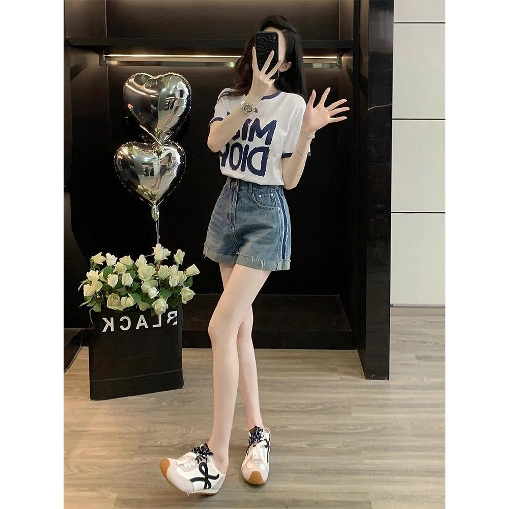 SUPDORX~2025休闲运动套装女夏减龄洋气小个子短袖牛仔短裤两件套