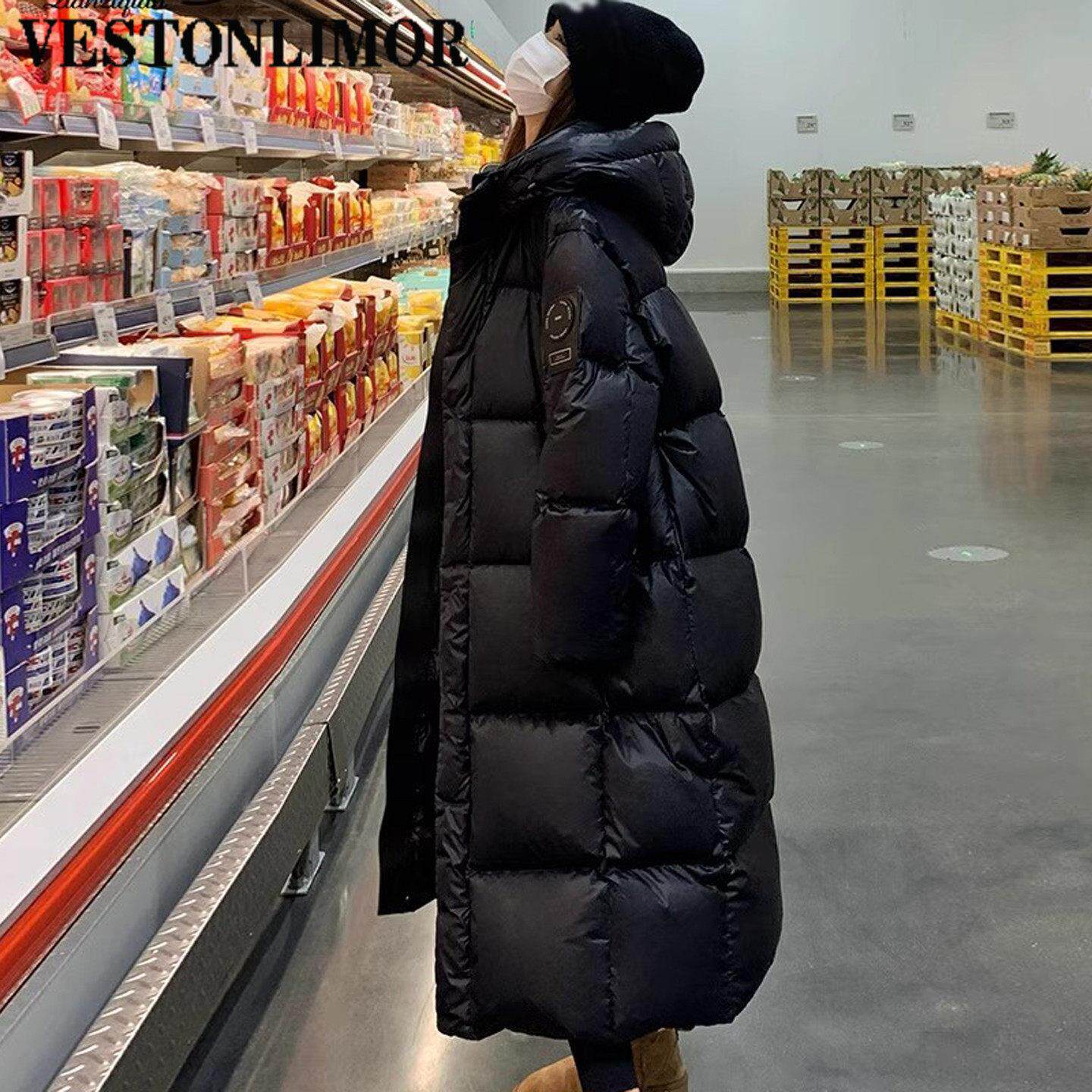 VESTONLIMOR新款黑金鹅绒羽绒服女韩版连帽宽松过膝加厚保暖外套