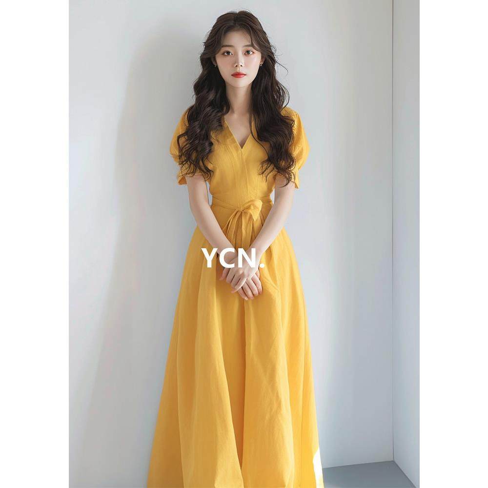 LILY MOST桔梗法式小众设计收腰显瘦气质芒果黄色棉麻V领连衣裙女,女装/女士精品,真丝上装,淘宝优惠券,粉丝福利购,淘宝优惠卷