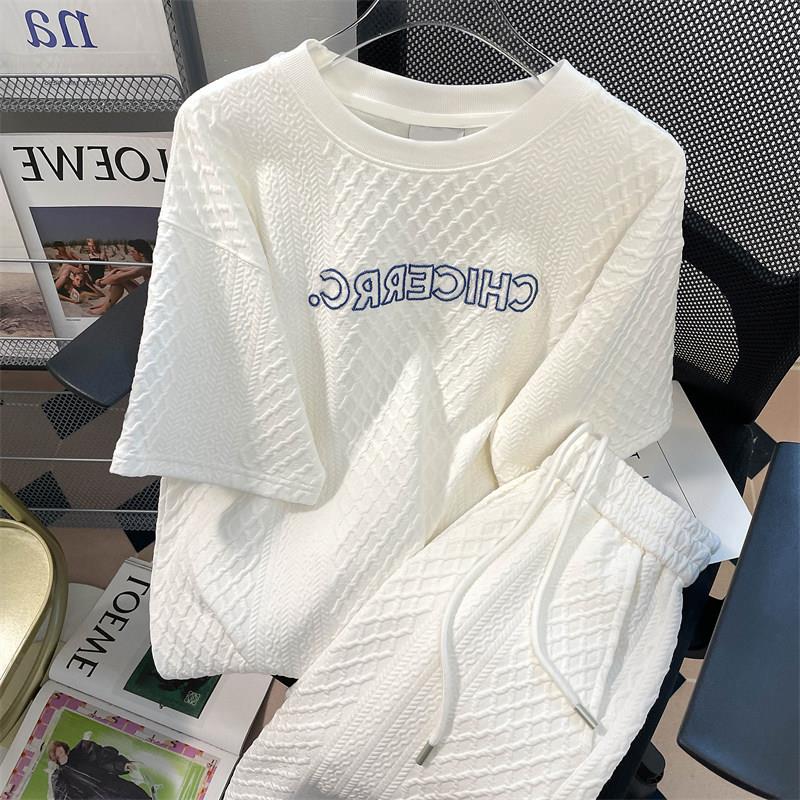 SUPDORX华夫格上衣短袖t恤女夏季新款宽松休闲短裤运动服两件套装