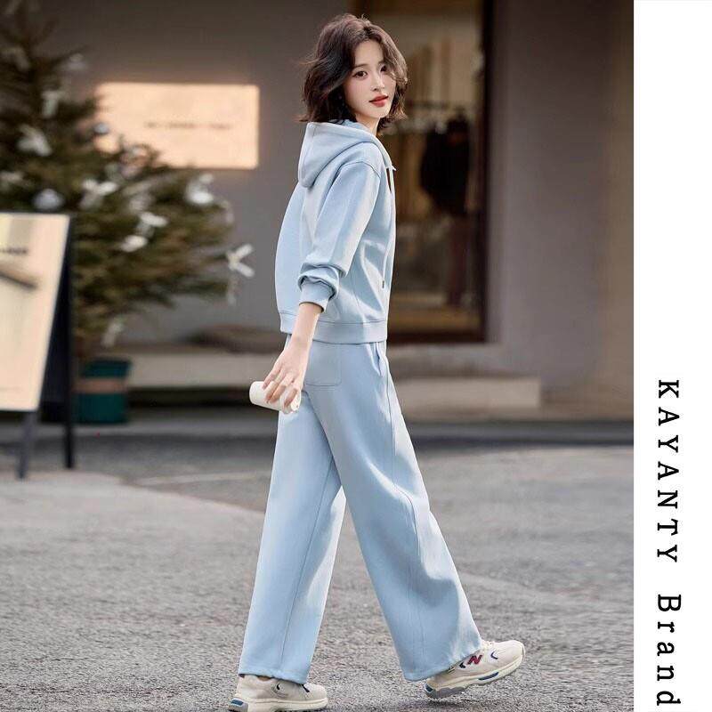 KAYANTY休闲运动套装女2025春秋遮肉连帽抽绳半拉链卫衣裤两件套