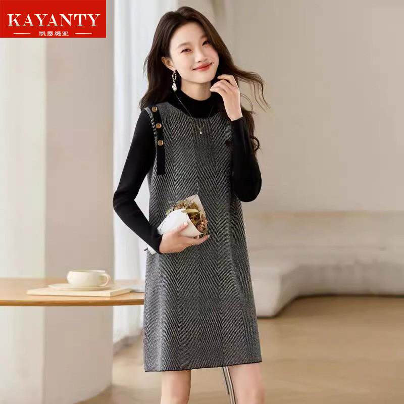 KAYANTY小个子拼色显瘦羊毛针织毛衣裙宽松时尚连衣裙配大衣秋冬