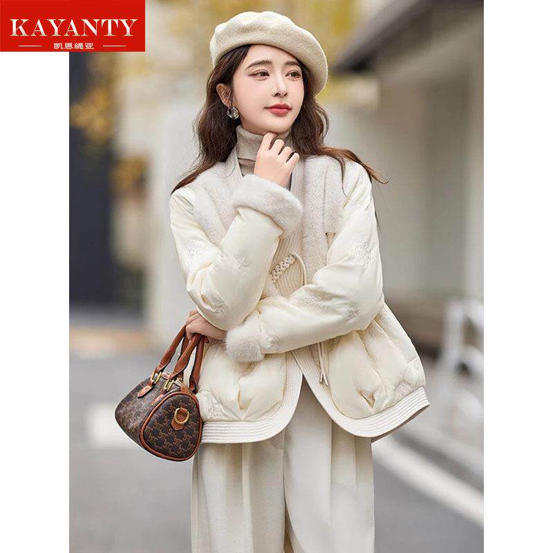 KAYANTY冬季新中式国风盘扣水貂毛拼接短款气质覆古羽绒服女外套