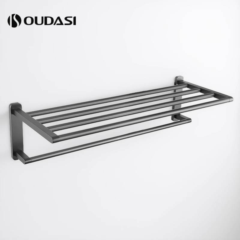 oudasi全铜高端卫生间浴巾架浴室置物架双层毛巾架轻奢北欧枪灰
