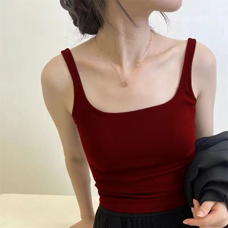 方领磨毛宽肩无袖背心一体杯胸垫遮副乳打底内衣吊带秋冬保暖内搭