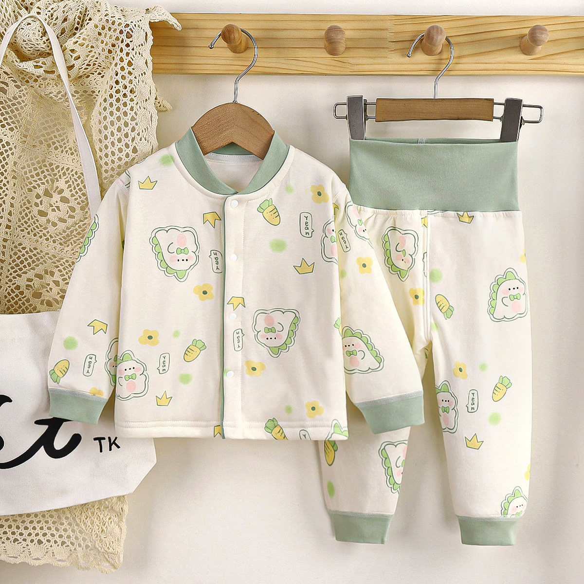 儿童保暖内衣套装秋冬夹棉婴儿衣服宝宝高腰护肚加绒加厚纯棉睡衣