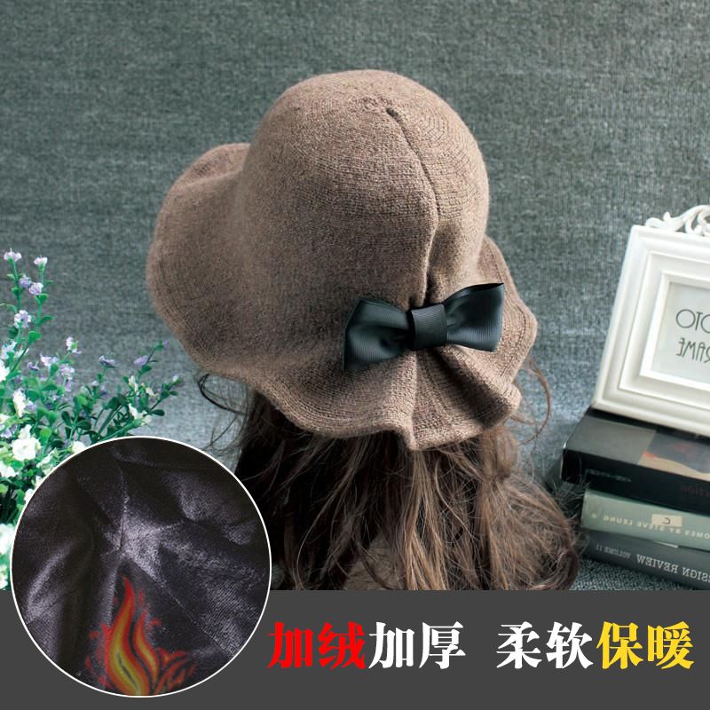帽子女韩版渔夫帽女秋冬日系盆帽可折叠蝴蝶结女士加绒加厚保暖帽