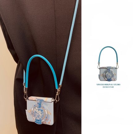 依维意 适用于华为purax手机壳pocket2高级感复古折叠屏zflip7花瓶支架皮质手提mixflip烫金仙鹤扇子浅蓝斜挎