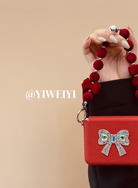 依维意 适用于华为purax手机壳pocket2闪钻蝴蝶结折叠屏oppofindn3flip红色闪粉zflip7fe丝绒蝴蝶结圆珠手链