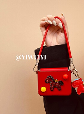 依维意 适用于华为PuraX折叠手机壳Pocket2红色皮纹闪钻小马三星ZFlip7新年款喜庆防摔创意OPPOFindN3Flip