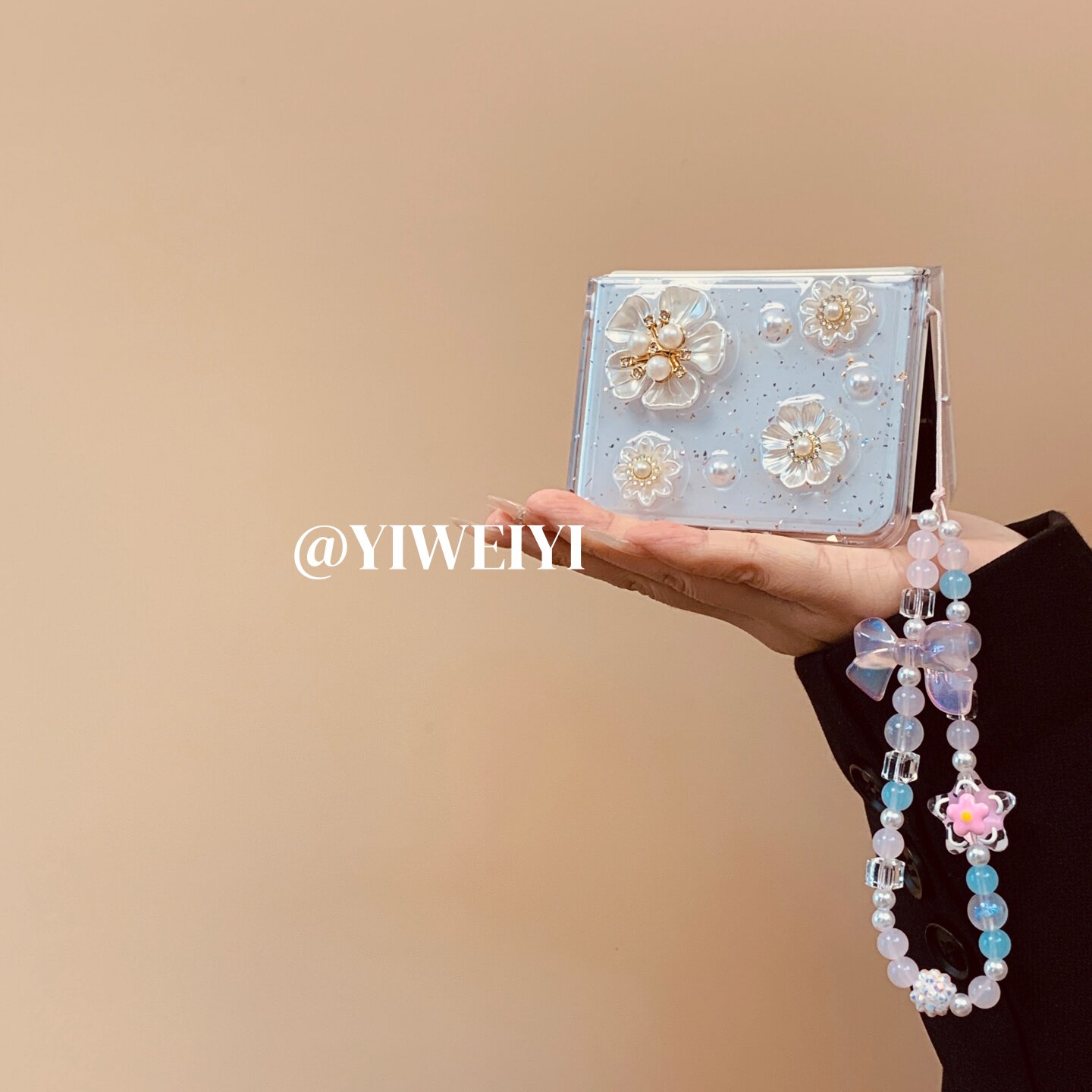 依维意 适用于荣耀magicvflip2手机壳pocket2珍珠白花折叠屏蝴蝶结花朵串珠挂绳novaflip透明闪粉滴胶matex6