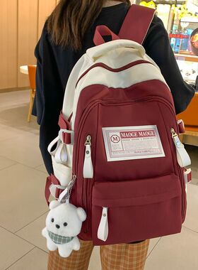 书包女大学生大容量高中初中生中学生女生背包女红色夏季简约女款