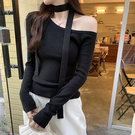 suseyiku法式挂脖飘带露肩针织打底衫女秋冬新款设计感斜肩上衣