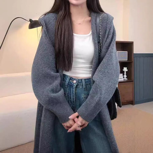 女装 KANING慵懒连帽长款 新款 针织开衫 过膝毛衣长外套 女2025秋季