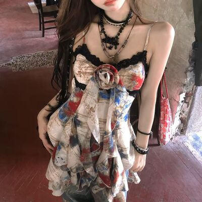 油画艺术独特别致绝美吊带上衣女夏外穿甜辣显瘦小众不规则