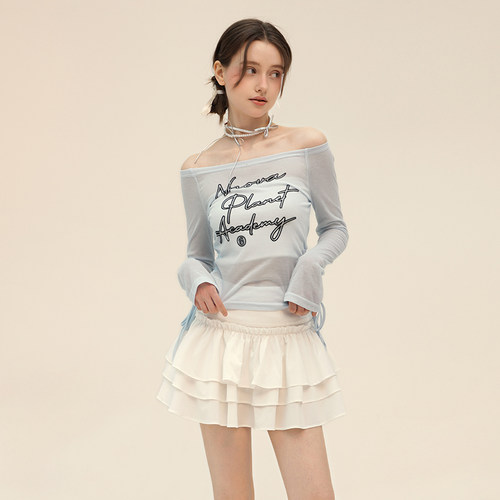 网点字母一字肩抽绳长袖打底衫