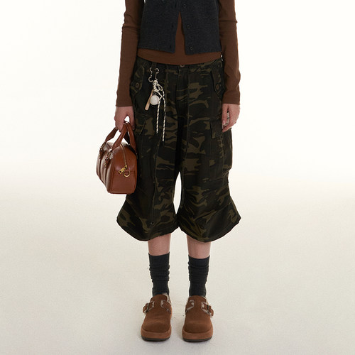 半松紧高腰迷彩直筒工装七分裤