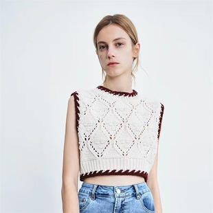 外贸马甲针织背心女小个子短款 792 撞色包边立体菱格镂空绣花上衣