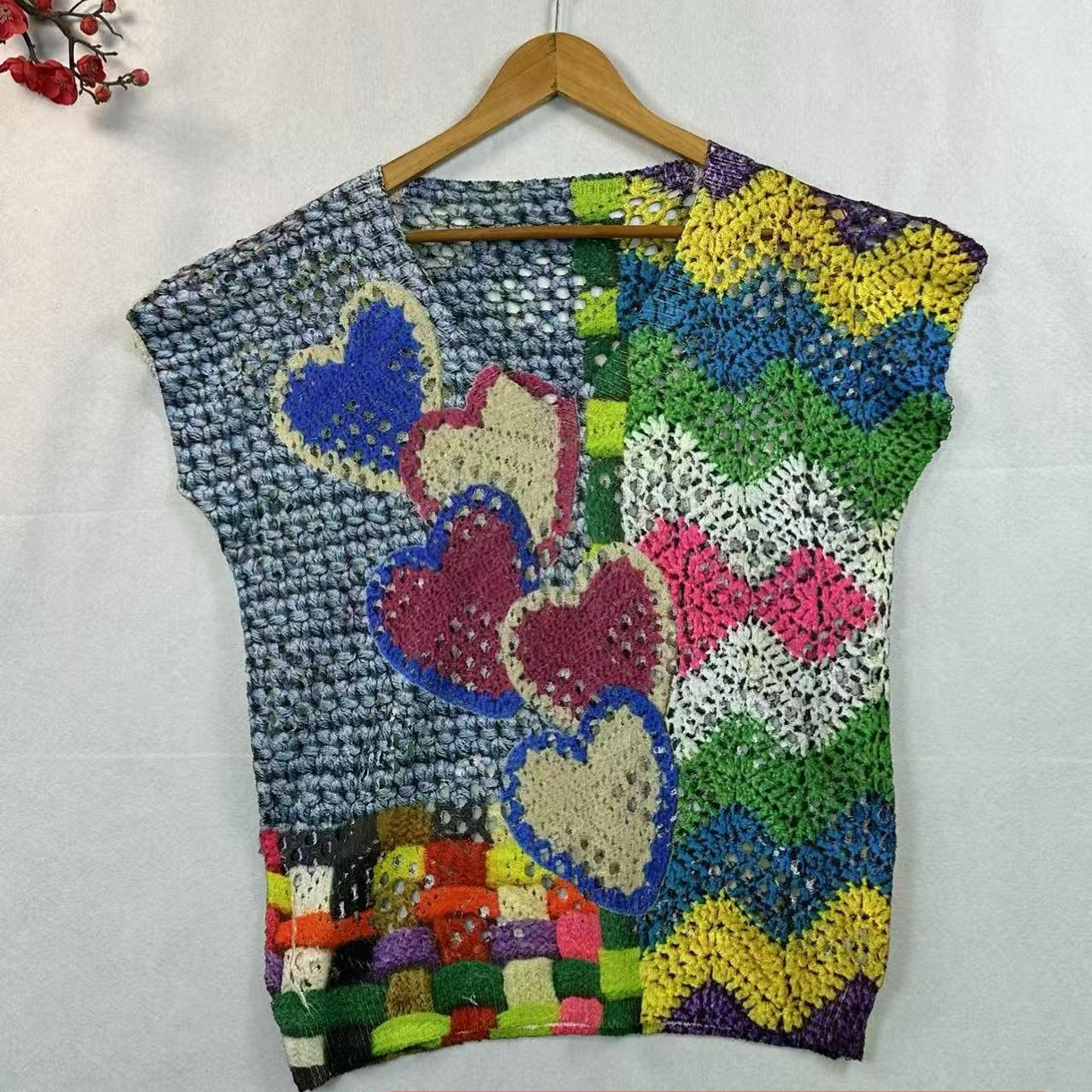 外贸原单爱心钩织3D印花V领针织衫T恤镂空上衣复古休闲古着风千禧