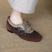 春季 百搭乐福0201k 深口系带低帮平底鞋 女皮鞋 咖色圆头小2026新款