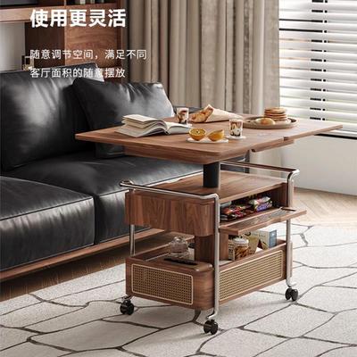 焦糖中古风全实木胡桃色编藤可移动升降茶几边几小户型折叠小推车