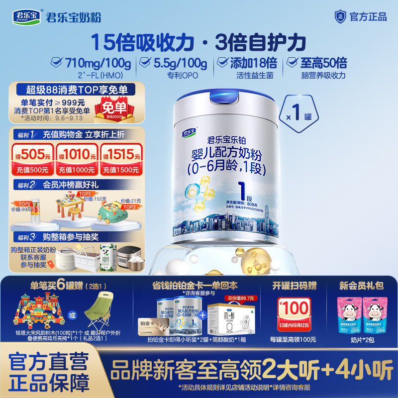 【乐铂铂金卡】君乐宝乐铂1段0-6月婴儿配方牛奶粉808g*1罐旗舰店